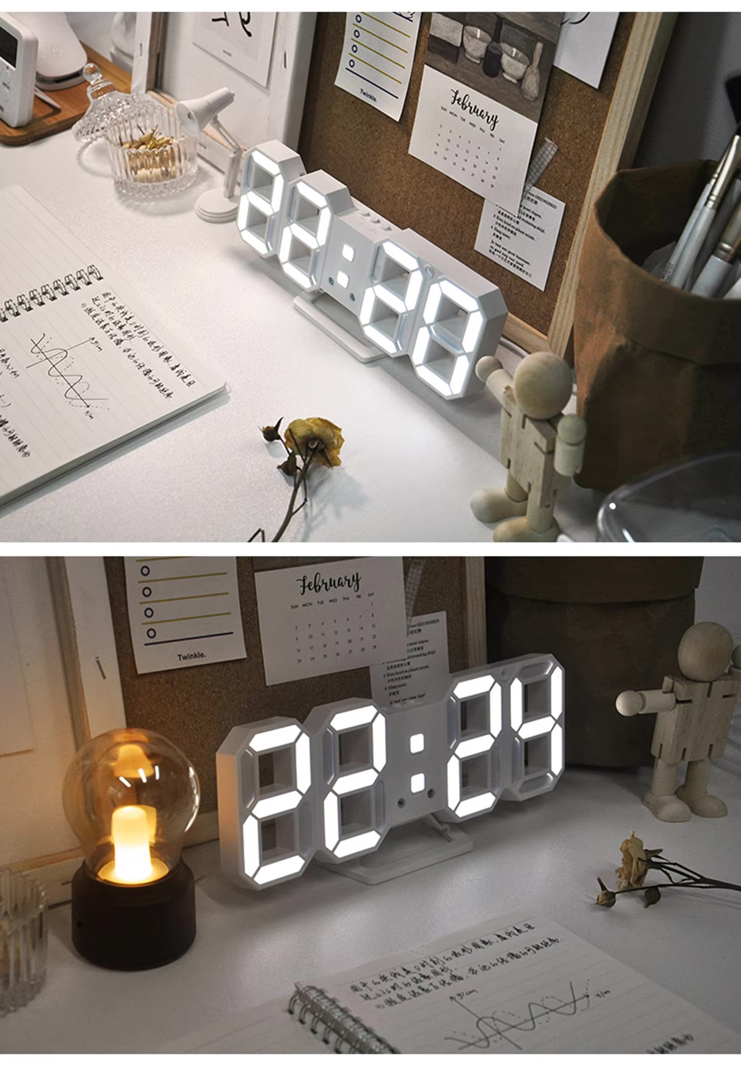 3D LED Digital Alarm Clock Three Dimensional Wall Clock Hanging Watch Table Calendar Thermometer Electronic Clock Furnishings